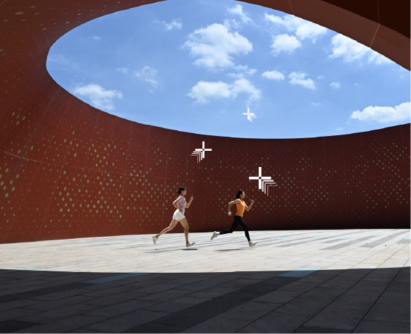two runners in a metal object with a blue sky